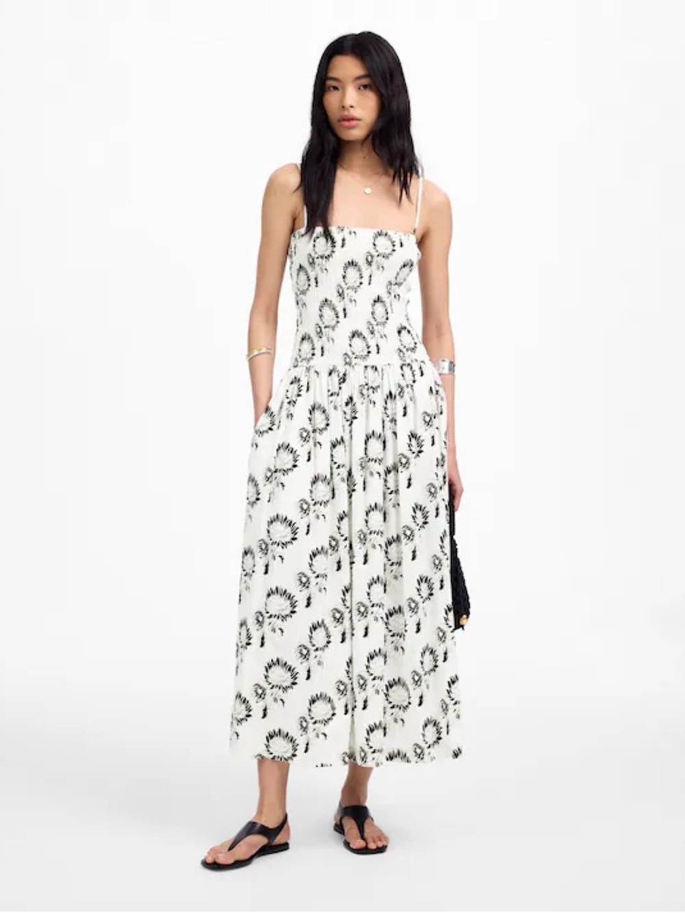 Madewell Smocked Maxi Dress Graphic Sunflowers White black Size XL NWOT